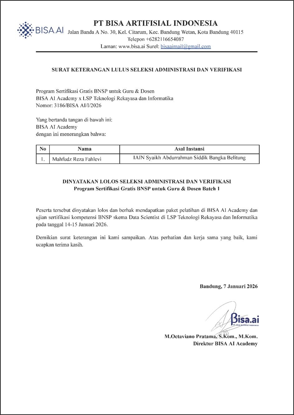 Dosen IAIN Bangka Belitung Raih Sertifikasi BNSP Bidang Data Scientist Usai Terapkan OBE