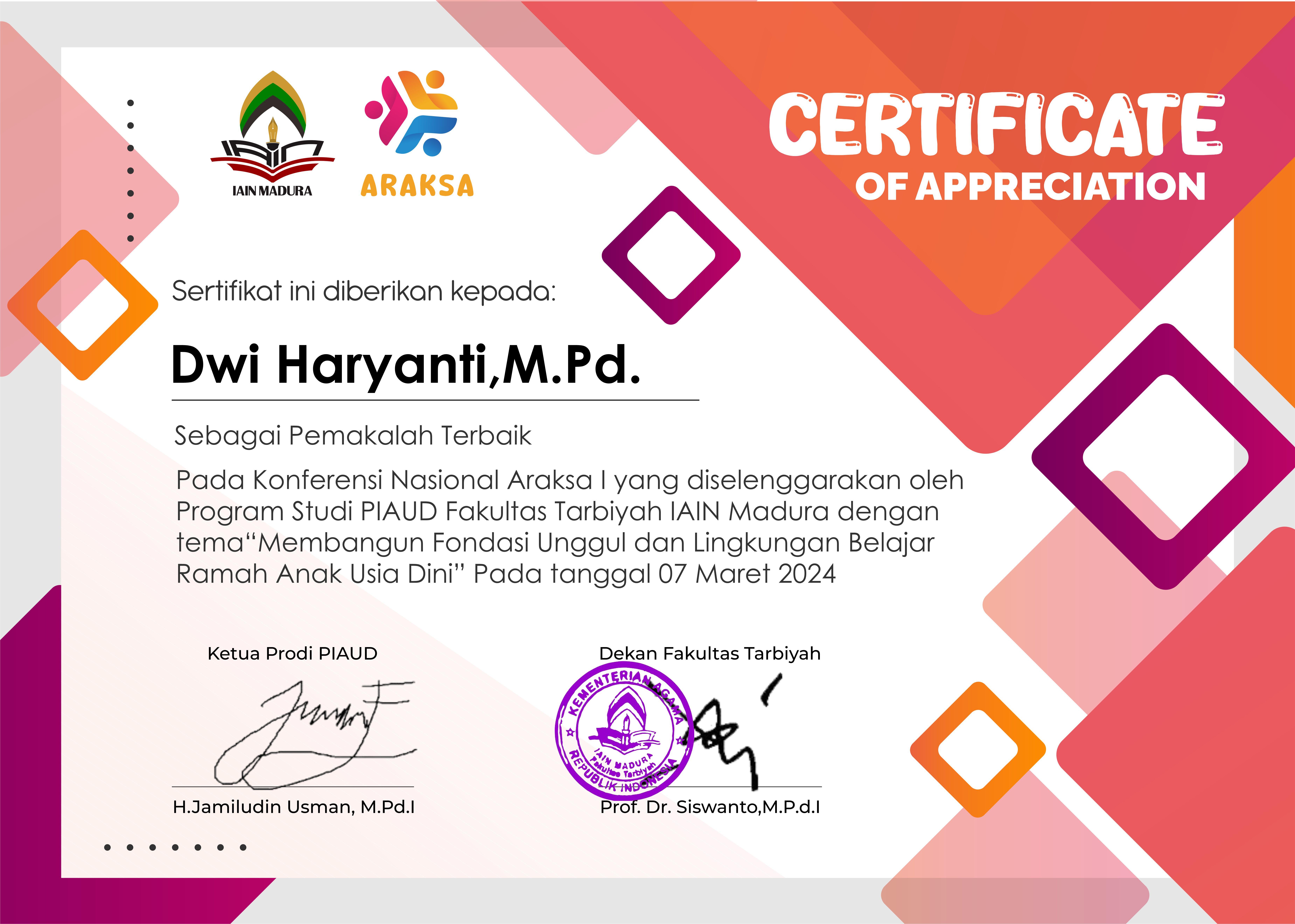 Dosen Muda Prodi PIAUD Terpilih Pemakalah Terbaik Di konferensi Araksa I