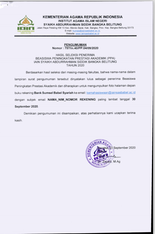 Hasil Seleksi Penerima Beasiswa Peningkatan Prestasi Akademik (PPA) IAIN Syaikh Abdurrahman Siddik Bangka Belitung Tahun 2020