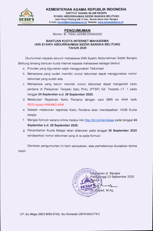 Pengumuman Bantuan Kuota Internet Mahasiswa IAIN Syaikh Abdurrahman Siddik Bangka Belitung