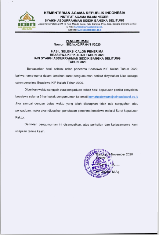 Pengumuman Hasil Seleksi Calon Penerima Beasiswa KIP Kuliah IAIN Syaikh Abdurrahman Siddik Bangka Belitung Tahun 2020