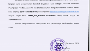 Hasil Seleksi Penerima Beasiswa Peningkatan Prestasi Akademik (PPA) IAIN Syaikh Abdurrahman Siddik Bangka Belitung Tahun 2020
