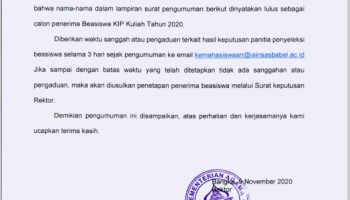 Pengumuman Hasil Seleksi Calon Penerima Beasiswa KIP Kuliah IAIN Syaikh Abdurrahman Siddik Bangka Belitung Tahun 2020